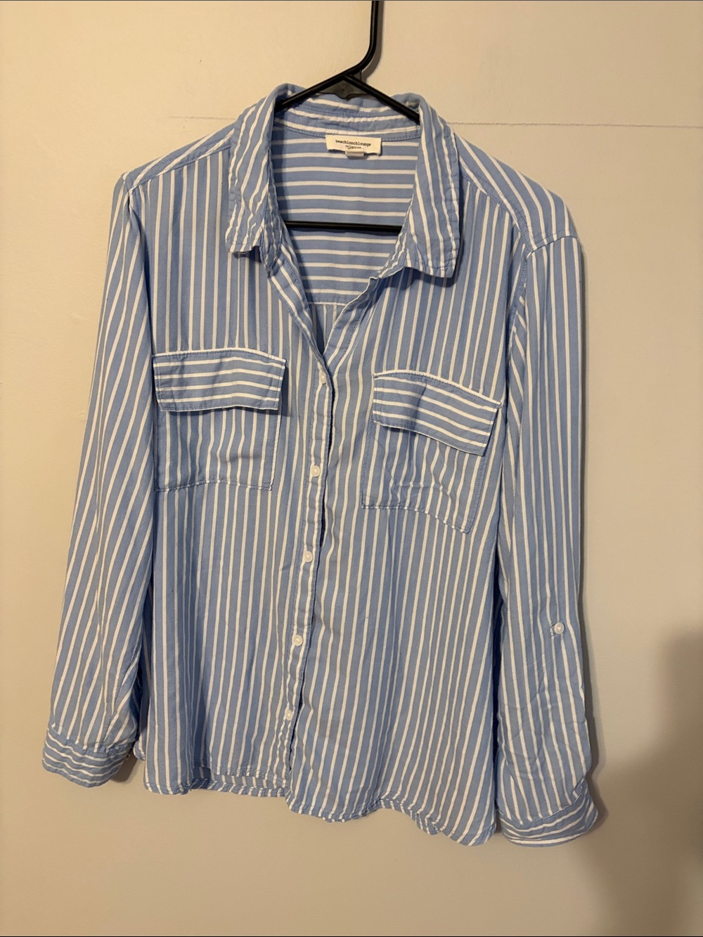 beachlunchlounge Light Blue and White Striped Button-Down Shirt.XL. Rayon/modal.